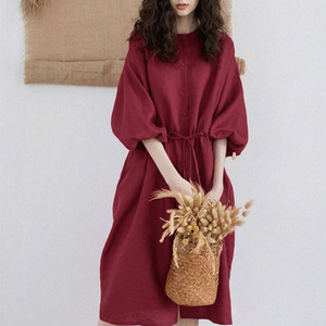 棉麻连衣裙女夏季薄款亚麻裙日系灯笼袖打底裙红色高端显瘦中长裙