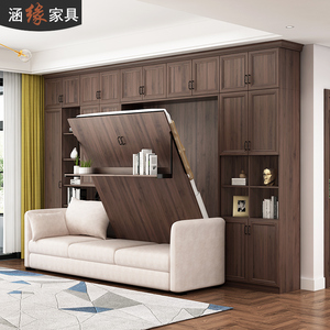 涵缘北欧深胡桃木色客厅隐形床带沙发书柜组合家用多功能壁床定制