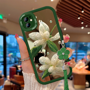镜面玻璃花手机壳适用于苹果13新款iphone14promax个性时尚12花朵11小众高级感xr网红超火xs绿色7/8plus硅胶6