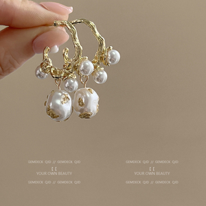 高级感巴洛克金箔珍珠耳环女法式复古轻奢小众设计气质耳钉耳饰