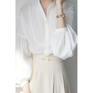 法式灯笼袖雪纺衬衫女夏季气质立领白色衬衣宽松薄款2024新款上衣