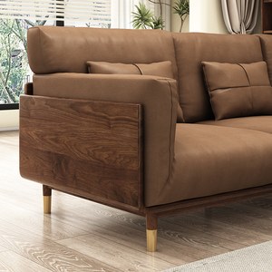 新中式北美黑胡桃木沙发全实木真皮直排三人北欧极简客厅家具定制