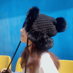 雷锋帽女韩版可爱毛球毛线帽子女秋冬季东北护耳加绒加厚针织帽潮