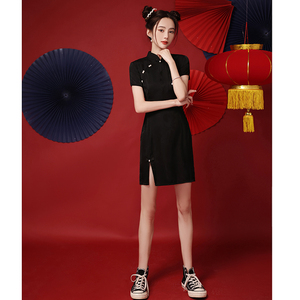黑色旗袍2024年新款夏季年轻款少女改良国潮中国风小个子日常短款