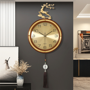 福鹿新中式钟表挂钟客厅家用2022款装饰铜表复古实木静音挂墙时钟