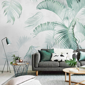 北欧风格清新网红壁纸美容院美甲店沙发装饰绿色植物墙纸背景墙布