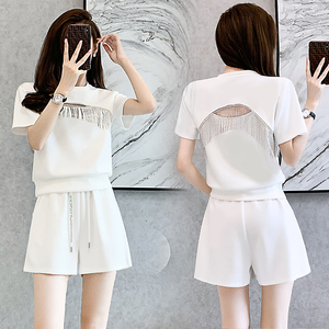 白色运动短裤套装女夏季时尚洋气减龄高级感欧货重工休闲两件套潮