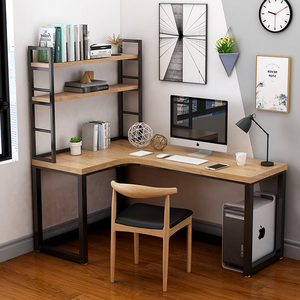 转角L型书桌带书架组合实木家用卧室拐墙角办公工作台式电脑桌子