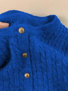 新款韩系克莱因蓝色麻花毛衣针织开衫女外套秋冬内搭加厚打底上衣