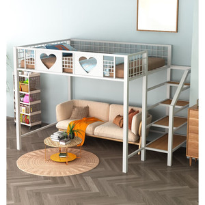铁艺高架床家用多功能上床下空楼阁床小户型省空间上下双层铁床黑