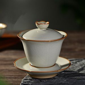 精致手工汝窑金丝开片冰裂盖碗可养泡茶碗家用可养盖碗茶杯功夫茶