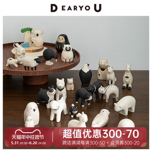 DEARYOU日本进口T-lab木质动物摆件手作小狗猫咪兔子羊驼达摩木雕