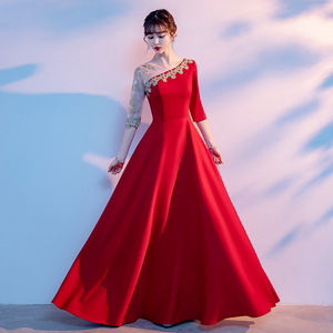 大合唱团演出服女红色长裙大码新款主持礼服红歌独唱朗诵表演服装