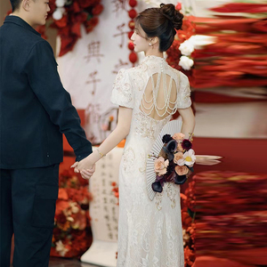 流苏晚礼服女2024新款新中式旗袍蕾丝订婚连衣裙高级感敬酒服新娘