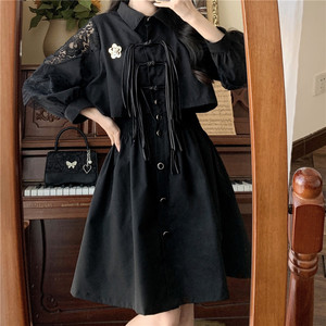 大码新中式国风假两件长袖衬衫连衣裙女春季胖mm显瘦气质黑色裙子