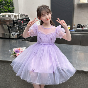 女童夏装裙子儿童装连衣裙夏季超仙演出紫色蝴蝶公主礼服蓬蓬网纱