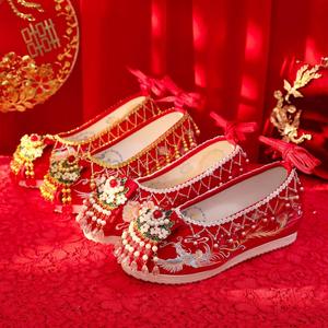 绝美婚鞋平底新娘秀禾鞋中式红色古风明制汉服凤冠霞帔秀和服鞋子