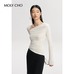 MOLYCHO 不规则设计感斜领T恤女春秋修身显瘦打底衫白色外穿上衣