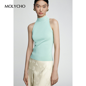 MOLYCHO 浅绿色针织背心女夏季紧身毛衣无袖打底衫半高领露肩上衣