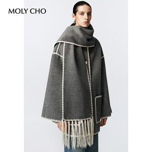 MOLY CHO小香风双面羊毛刺绣呢子大衣女冬季小个子围巾领毛呢外套