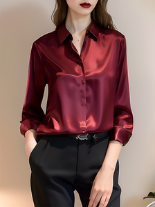 红色丝绸缎面衬衫女长袖2024新款春季POLO气质上衣简约宽松衬衣