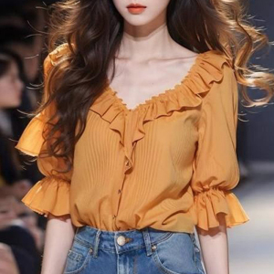 法式设计感绝美荷叶边橙色V领短袖衬衫女夏季款别致独特小众衬衣