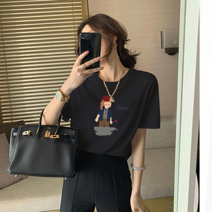 黑色短袖女式韩版修身打底圆领T恤2024夏季款卡通休闲上衣服ins潮