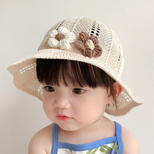 小花棉线草帽女宝宝夏季洋气婴儿遮阳帽子镂空透气女童防晒太阳帽