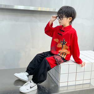 儿童六一演出服男童唐装中国风宝宝周岁礼服薄款汉服红色套装夏季