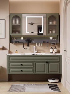 美式浴室柜组合岩板无缝一体盆法式卫生间多功能置物架实木洗漱台