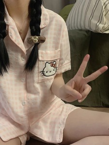韩系粉色格子睡衣女夏季2024新款短袖甜美kt猫卡通少女家居服套装
