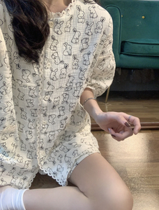 韩版ins可爱兔子睡衣女夏天2024新款甜美花边短袖短裤家居服套装