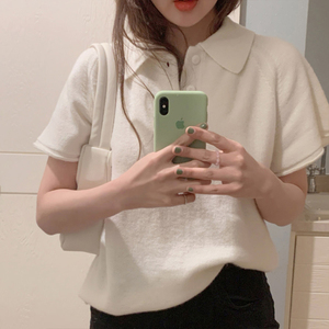 韩国东大门Polo领白色针织衫法式短款宽松T恤上衣薄款休闲小衫夏