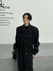 Fei自制韩版秋冬短款立体口袋设计休闲夹克外套呢料机车上衣男女