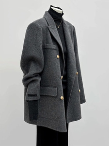 买手店设计感韩版复古灰色毛呢西装外套2024时髦小众洋气百搭大衣