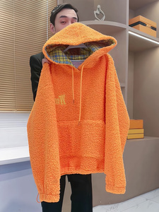 买手店设计感韩版橙色羊羔毛连帽卫衣新款加绒加厚保暖减龄上衣女