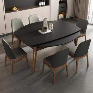轻奢北欧岩板餐桌可折叠伸缩变圆桌现代简约火烧石餐桌实木吃饭桌