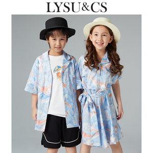 LYSUCS女童蓝色短袖连衣裙夏学院风配腰带男童短袖衬衣海边度假风