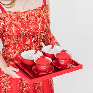 婚礼敬茶杯汤圆碗套装水杯礼盒高档陶瓷红色茶具三才盖碗改口茶碗