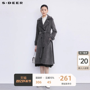 sdeer圣迪奥女装时尚翻领收腰灯芯绒长款大衣S223Z1861