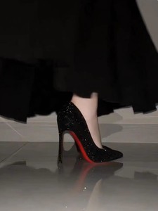 高跟鞋红底满钻黑色尖头浅口单鞋细跟水钻亮片超高跟2024秋冬女鞋