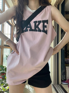粉色运动背心女夏外穿宽松韩版美式中长款坎肩无袖T恤遮副乳上衣
