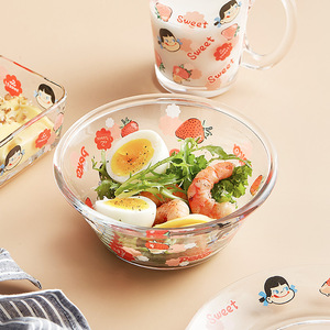 不二卡通草莓玻璃碗早餐牛奶杯沙拉碗小水果盘可爱高颜值餐具套装