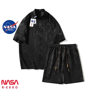 NASA联名国风龙纹冰丝套装男款夏季新中式男装衬衫黑色高级感衬衣