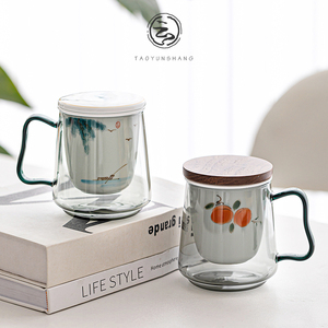 玻璃泡茶杯带盖陶瓷手绘过滤水杯简约大容量茶水分离茶道办公杯子