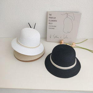 韩版优雅珍珠圆顶小帽檐草帽子女夏天出游时尚百搭白色盆帽渔夫帽