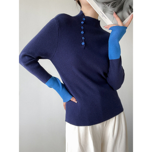 蓝色半高领针织毛衣打底衫女秋冬季拼接撞色修身短款气质内搭上衣