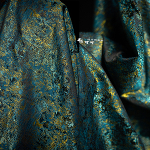 蓝绿鎏金色提花布料复古肌理中国风旗袍马面裙创意外套设计师面料