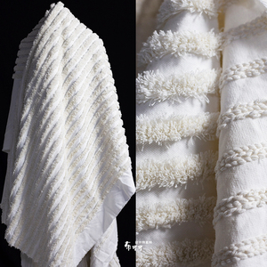 白色创意毛毛虫牛仔布料绗缝流苏雪花条烂花立体肌理艺术面料改造