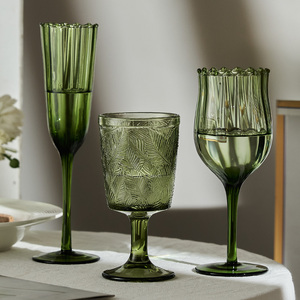 绿色花边红酒杯法式复古高脚玻璃杯波纹中古风香槟杯人间开花小众